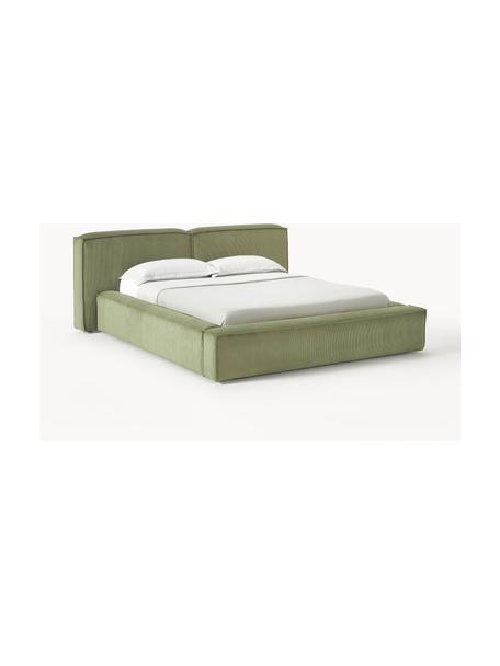 Čalouněná postel z manšestru s úložným prostorem Lennon, Olivově zelená, Š 208 cm, H 243 cm (rozměry plochy k ležení 140 cm x 200 cm)