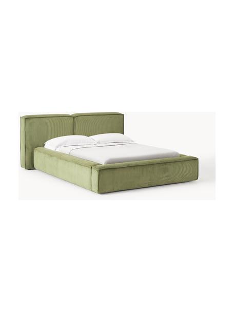 Cama tapizada en pana Lennon, con espacio de almacenamiento, Tapizado: pana (98% poliéster, 2% p, Estructura: madera de pino maciza, ma, Patas: madera, plástico Este pro, Pana verde oliva, An 208 x L 243 cm (colchón 140 x 200 cm)