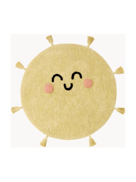 Handgeweven kindervloerkleed You're My Sunshine met kwastjes, Bovenzijde: 97% katoen, 3% kunstvezel, Onderzijde: 100% polyester, Mosterdgeel, Ø 100 cm (maat S)