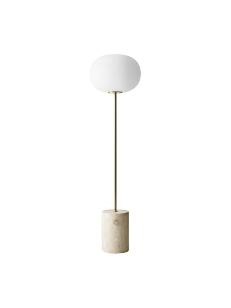 Lampa podłogowa z funkcją przyciemniania z podstawą z trawertynu JWDA, Stelaż: metal powlekany, Beżowy, o wyglądzie traweryntu, odcienie złotego, Ø 39 x W 150 cm