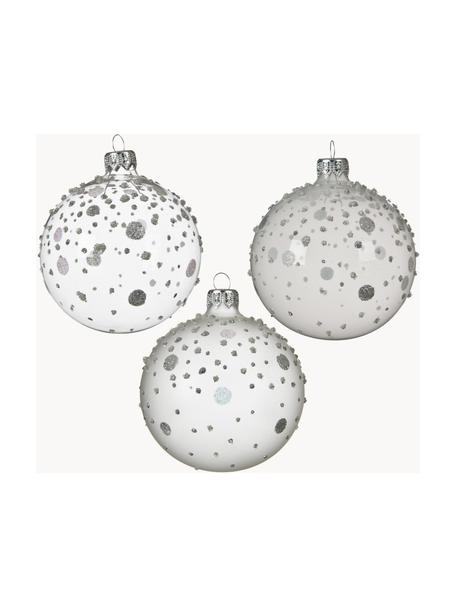 Bbolas de Navidad sopladas artesanalmente Dotty, Ø 8 cm, 6 uds., Vidrio, Blanco, plateado, Ø 8 cm