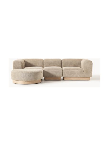 Modulares Sofa Natalie (3-Sitzer) aus Teddy-Bouclé mit Hocker, Bezug: Teddy-Bouclé (100 % Polye, Gestell: mitteldichte Holzfaserpla, Sockel: Massives Buchenholz, lack, Teddy-Bouclé Beige, helles Buchenholz, B 283 x T 197 cm