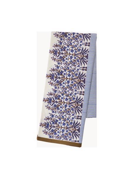 Ubrus s květinovým vzorem Jasmine, 100 % bavlna, Tmavě modrá, tlumeně bílá, hnědá, 6-8 osob (Š 150 cm, D 250 cm)