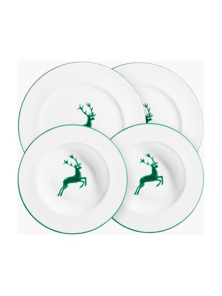 Vajilla artesanal Grüner Hirsch, 2 comensales (4 pzas.), Cerámica, Blanco, verde, Set de diferentes tamaños