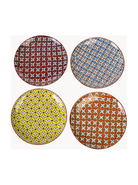 Komplet ręcznie malowanych talerzy dużych Hippy, 4 elem., Ceramika szkliwiona, Żółty, terakota, pomarańczowy, jasny niebieski, Ø 27 cm