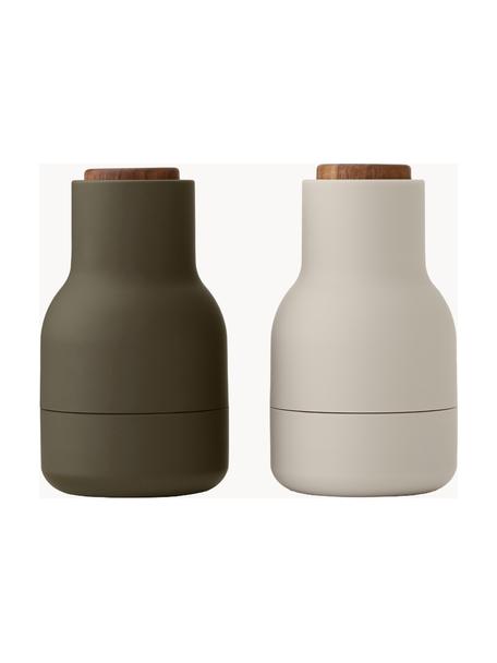 Kleine zout- en pepermolen Bottle Grinder met walnoothouten deksel, 2-delig, Deksel: walnoothout, Olijfgroen, lichtbeige, walnoothout, Ø 7 x H 12 cm