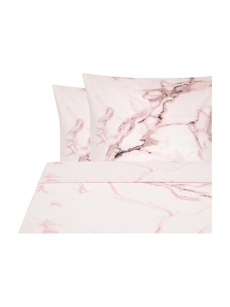 Set lenzuola in percalle effetto marmo Malin, Fronte: modello in marmo, rosa Retro: rosa monocolore, 240 x 300 cm + 2 federe 50 x 80 cm
