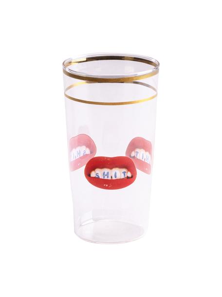 Designer Wasserglas Toiletpaper, Dekor: Gold, Rote Lippen mit Aufschrift, Ø 7 x H 13 cm, 375 ml