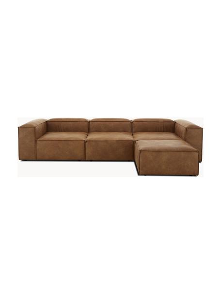 Modulares Sofa Lennon (4-Sitzer) aus recyceltem Leder mit Hocker, Bezug: Recyceltes Leder (70 % Le, Gestell: Massives Holz, Sperrholz, Füße: Kunststoff, Leder Braun, B 327 x T 207 cm