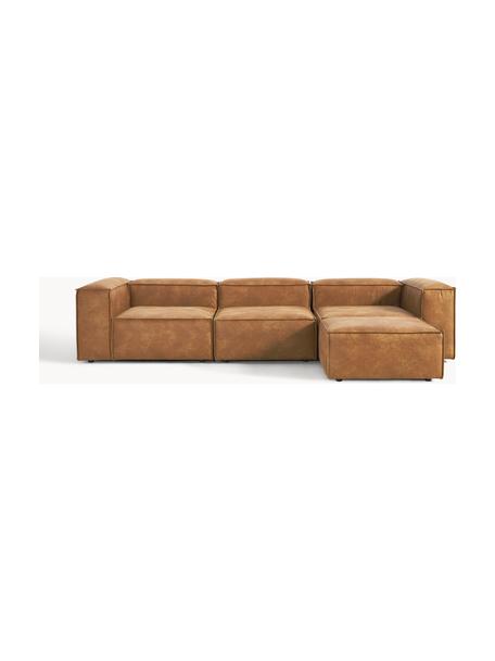 Modulares Sofa Lennon (4-Sitzer) aus recyceltem Leder mit Hocker, Bezug: Recyceltes Leder (70 % Le, Gestell: Massives Holz, Sperrholz, Füße: Kunststoff Dieses Produkt, Leder Braun, B 329 x T 207 cm