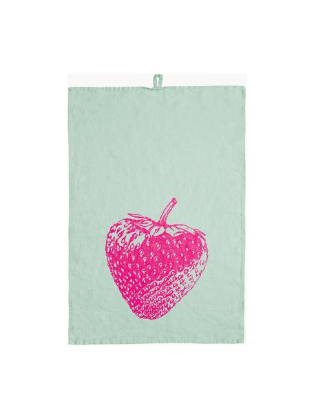 Panno in lino Strawberry, serigrafato a mano, 100% lino, Verde menta, fucsia, Larg. 50 x Lung. 70 cm