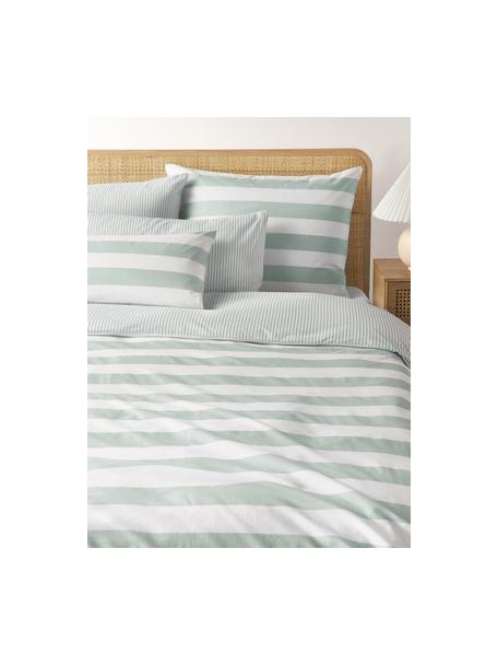 Housse de couette réversible en coton à rayures Lorena, Vert sauge, blanc, larg. 140 x long. 200 cm