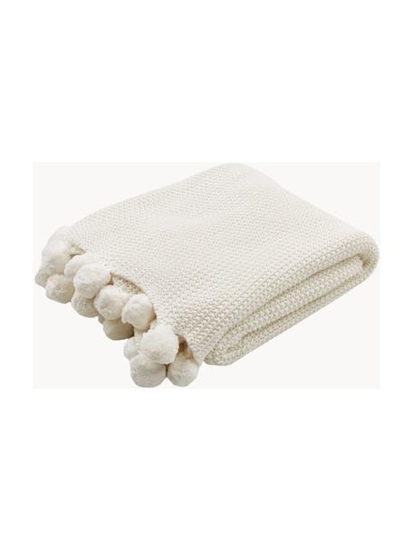 Gebreide plaid Molly met pompoms, 100% katoen, Gebroken wit, B 130 x L 170 cm