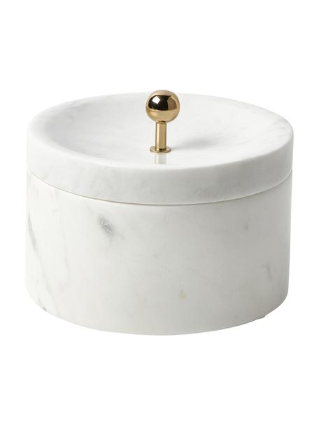 Marmeren sieradendoosje Selina met deksel, Marmer, metaal, Goudkleurig, wit, Ø 15 x H 11 cm