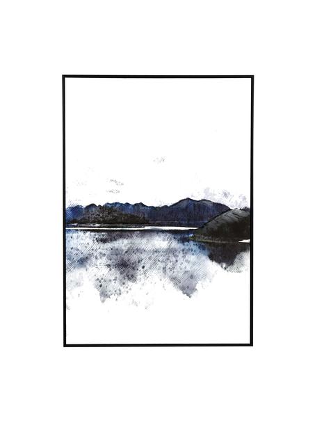 Handbeschilderde canvas print Horizonte, Lijst: hout, gecoat, Wit, zwart, blauw, 100 x 140 cm