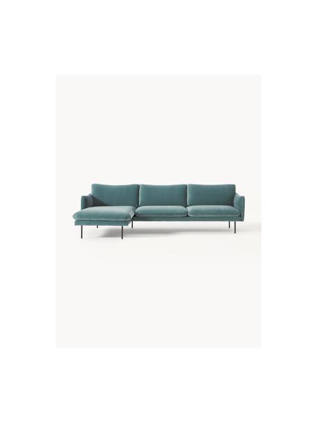 Samt-Ecksofa Moby, Bezug: Samt (Hochwertiger Polyes, Gestell: Massives Kiefernholz, Füße: Metall, pulverbeschichtet, Samt Petrol, B 280 x T 160 cm, Eckteil links