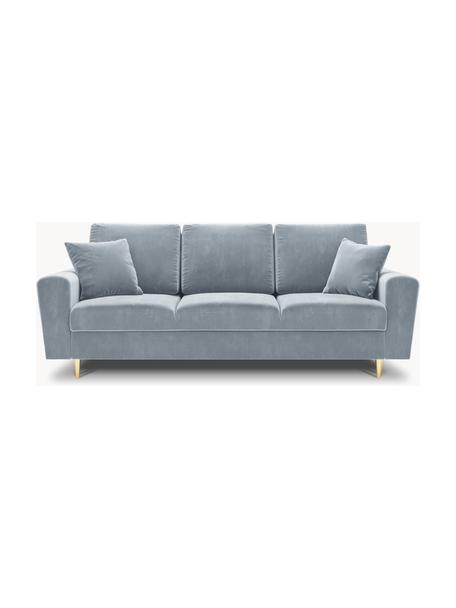 Sofa rozkładana z aksamitu z miejscem do przechowywania Moghan (3-osobowa), Tapicerka: 100% aksamit poliestrowy , Stelaż: lite drewno sosnowe, płyt, Nogi: metal powlekany, Jasnoniebieski aksamit, odcienie złotego, S 235 x G 100 cm