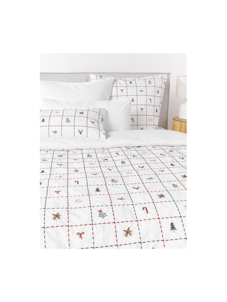 Housse de couette en percale de coton avec imprimé Noël brodé Rudy, Blanc, multicolore, larg. 140 x long. 200 cm