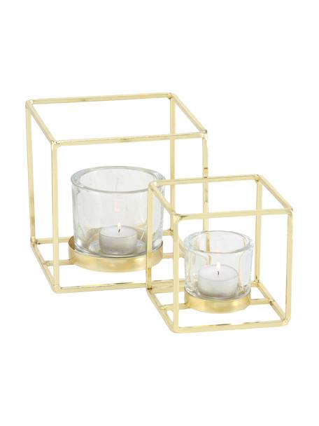 Waxinelichthoudersset Pazo, 2-delig, Windlicht: glas, Frame: gecoat metaal, Transparant, messingkleurig, Set met verschillende formaten