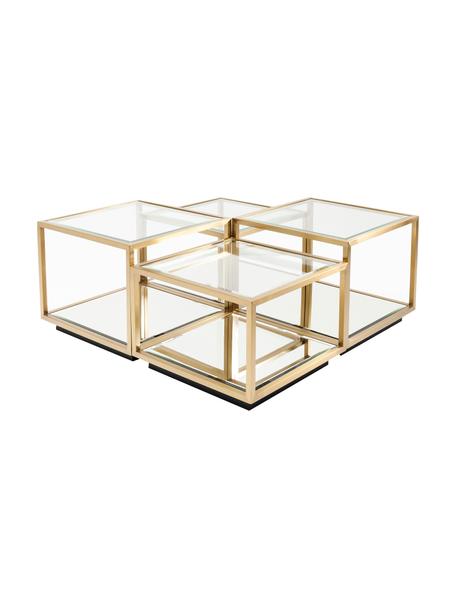 Set de mesas de centro Luigi, 4 uds., Estructura: acero inoxidable pintado, Tablero: vidrio laminado, Patas: tableros de fibra de dens, Dorado, Set de diferentes tamaños