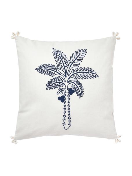 Geborduurde kussenhoes Tamir met schelpdetails, Decoratie: schelpen, Crèmewit, blauw, B 45 x L 45 cm