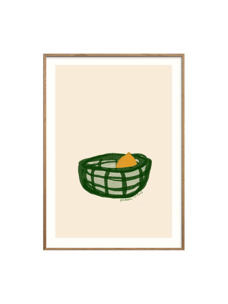 Poster A lemon in a basket, Beige chiaro, tonalità verdi, giallo acceso, Larg. 30 x Alt. 40 cm