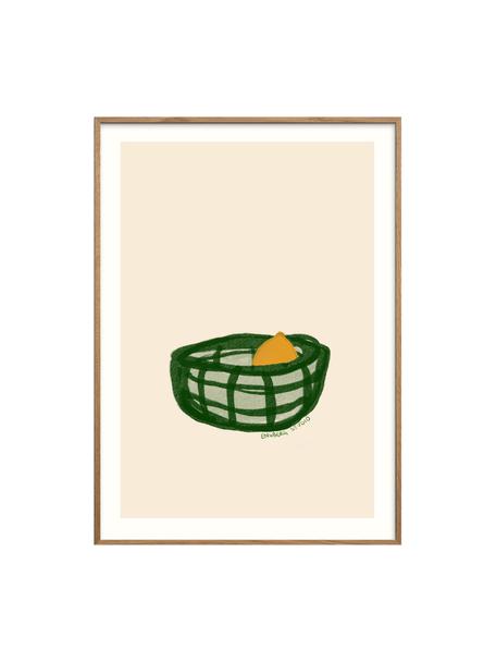 Poster A lemon in a basket, Beige clair, tons verts, jaune soleil, Ø 30 x haut. 40 cm