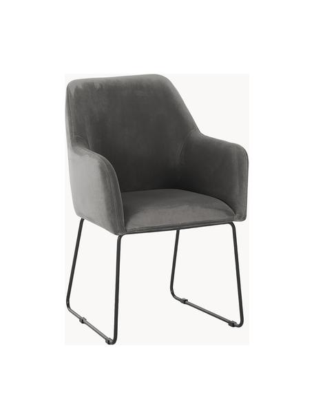 Sedia con braccioli in velluto Isla, Rivestimento: velluto (poliestere) Con , Gambe: metallo rivestito, Velluto grigio scuro, nero opaco, Larg. 60 x Prof. 62 cm