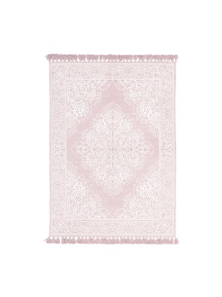 Handgeweven katoenen vloerkleed met patroon Salima met kwastjes, 100% katoen, Roze, crèmewit, B 120 x L 180 cm (maat S)