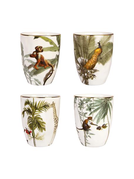 Becher Animaux mit Goldrand und tropischen Motiven, 4er-Set, Porzellan, Bunt, Ø 8 x H 10 cm