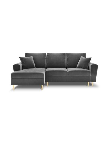 Sofa narożna z aksamitu z funkcją spania i miejscem do przechowywania Moghan (4-osobowa), Tapicerka: 100% aksamit poliestrowy , Nogi: metal powlekany, Szary aksamit, odcienie mosiądzu, S 241 x G 145 cm, lewostronna