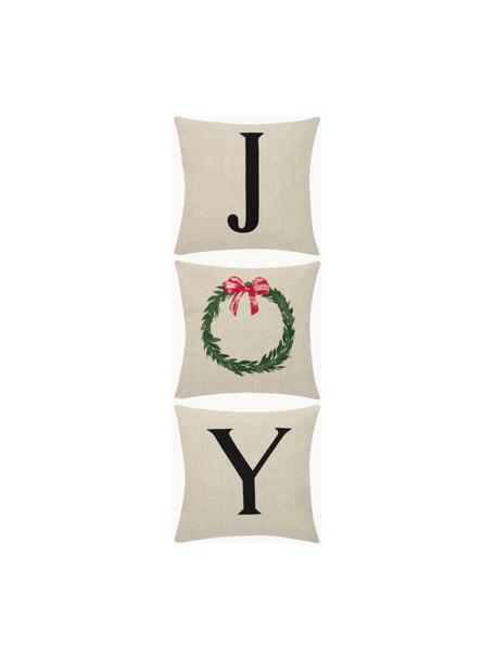 Kussenhoezen Joy met kerstprint, 3-delig, 100% katoen, Lichtbeige, zwart, B 40 x L 40 cm
