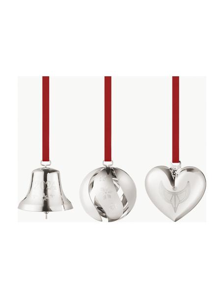 Set di 3 addobbi albero di Natale con due nastri CC, Ottone rivestito in palladio, Argentato, Larg. 5 x Alt. 6 cm