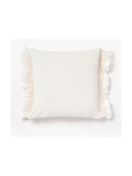 Housse de coussin en coton à franges Piera, 100 % coton, Blanc crème, larg. 45 x long. 45 cm