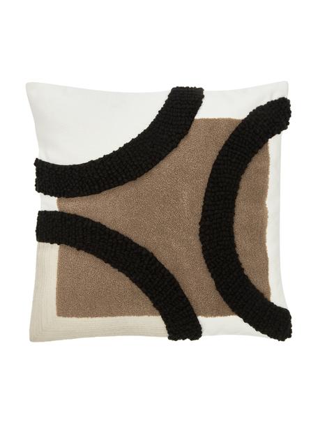 Copricuscino in cotone ricamato con struttura alta-bassa Reza, Rivestimento: 100% cotone, Ornamento: 100% acrilico, Marrone, nero, bianco crema, Larg. 45 x Lung. 45 cm