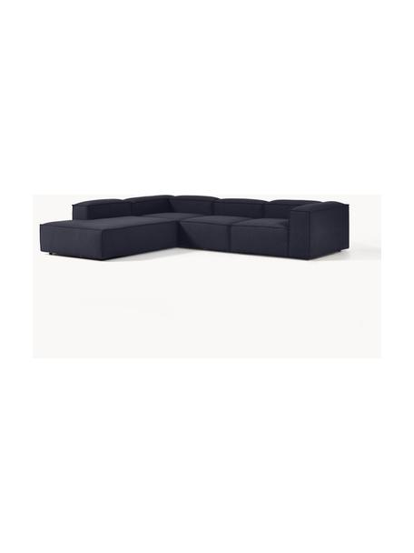 Modulares XL-Ecksofa Lennon, Bezug: 100 % Polyester Der strap, Gestell: Massives Kiefernholz FSC-, Füße: Kunststoff, Webstoff Dunkelblau, B 329 x T 269 cm, Eckteil links