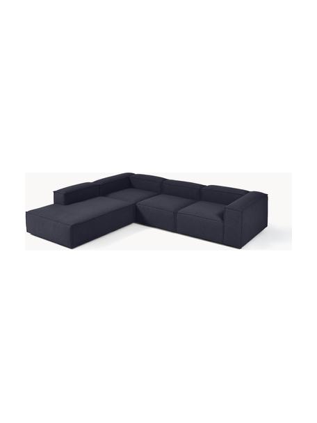 Modulares XL-Ecksofa Lennon, Bezug: 100 % Polyester Der strap, Gestell: Massives Kiefernholz FSC-, Füße: Kunststoff, Webstoff Dunkelblau, B 329 x T 269 cm, Eckteil links