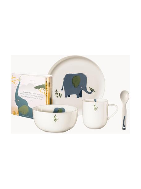 Kindergeschirr-Set Emma Elefant, 5-tlg., Fine Bone China (Porzellan), Weiss, Graublau, Mehrfarbig, Set mit verschiedenen Grössen