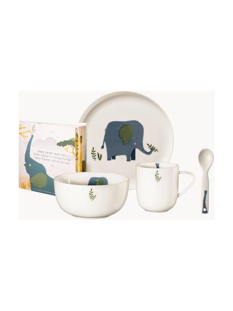 Vajilla Emma Elefant, 5 pzas., Porcelana fina Bone China, Blanco, azul, verde, Set de diferentes tamaños