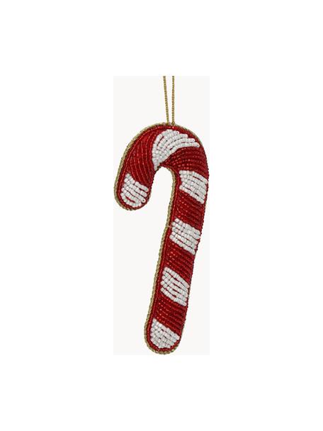 Kerstboomhanger Candy Cane uit parels, Kunststof-parels, Rood, wit, B 3 x H 13 cm