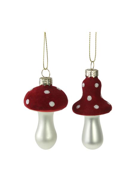 Adornos navideños Mushrooms, 2 uds., Adornos: vidrio, Rojo, blanco perla, Set de diferentes tamaños