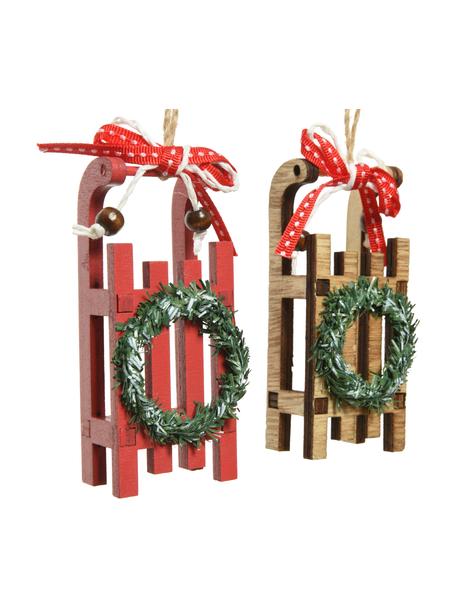 Decoratieve hangers Sleds H 10 cm, 2 stuks, Hout, Beige, rood, groen, B 4 x H 10 cm