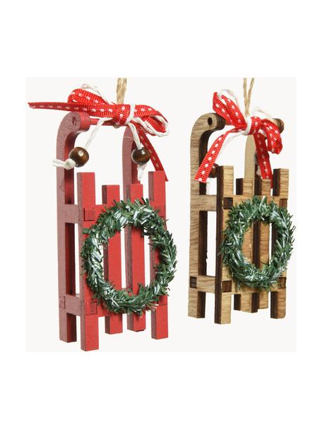 Deko-Anhänger Sleds H 10 cm, 2 Stück, Holz, Beige, Rot, Grün, B 4 x H 10 cm