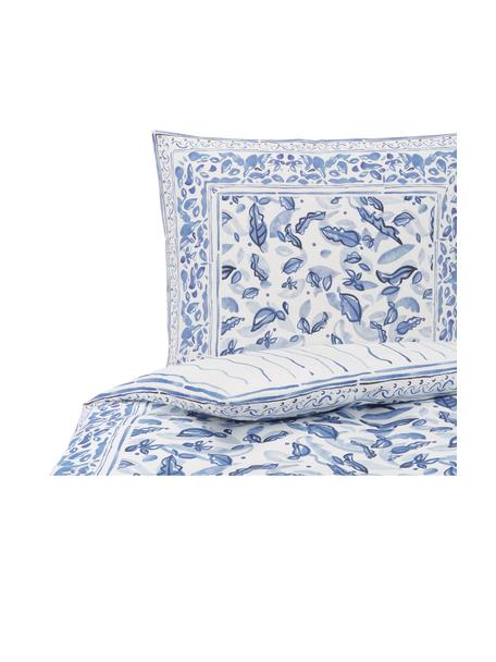 Obojstranná posteľná bielizeň z bavlneného saténu s motívom listov Andrea, Modrá, 135 x 200 cm + 1 vankúš 80 x 80 cm