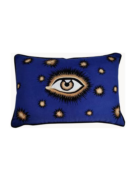 Coussin décoratif en coton brodé à la main Eye, Bleu roi, beige, larg. 40 x long. 60 cm