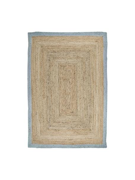 Handgemaakt juten vloerkleed Shanta met duifblauwe rand, 100% jute, Beige, blauw, B 80 x L 150 cm (maat XS)