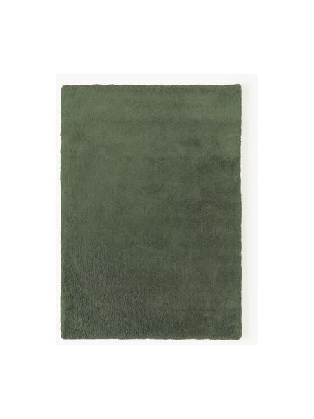 Pluizig hoogpolig vloerkleed Leighton, Bovenzijde: microvezels (100% polyest, Onderzijde: 70% polyester, 30% katoen, Donkergroen, B 80 x L 150 cm (maat XS)