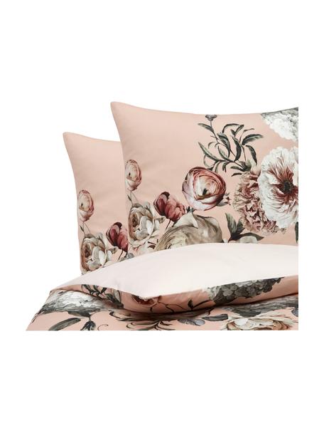 Pościel z satyny bawełnianej Blossom, Blady różowy, odcienie beżowego, 240 x 220 cm + 2 poduszki 80 x 80 cm