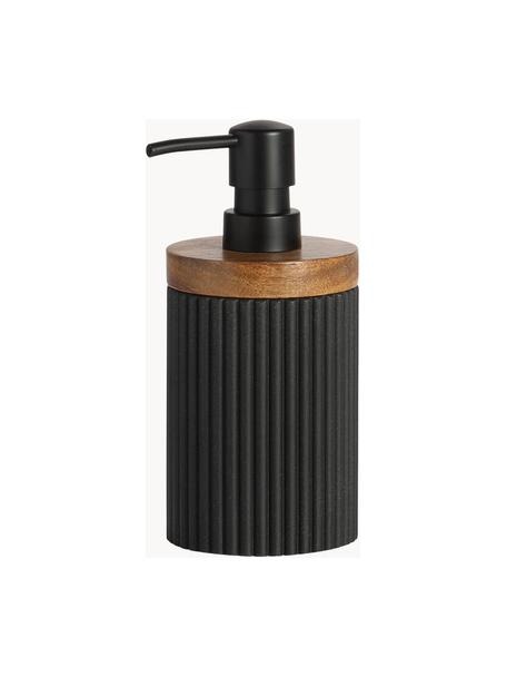Dosificador de jabón con adorno de madera Laura, Plástico, madera de acacia, Negro, madera de acacia, Ø 8 x Al 18 cm