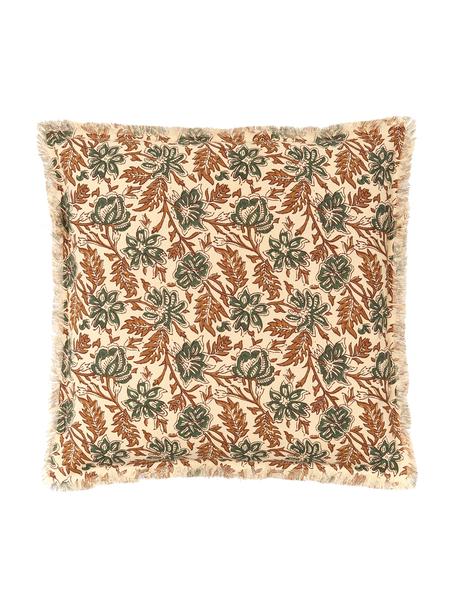 Poszewka na poduszkę z frędzlami Summerleaves, 100% bawełna, Kremowy, zielony, brązowy, S 50 x D 50 cm